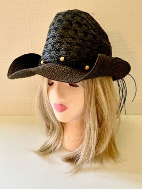 Brown Paper Straw Woven Western Hat, Wood Beads on Braided Chords, Festival Wear